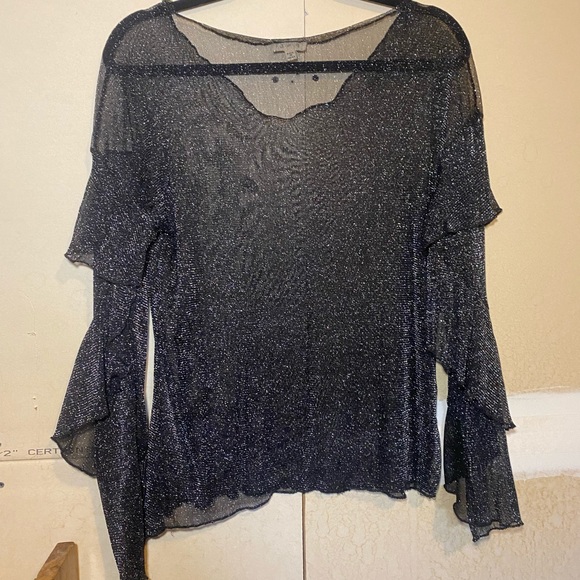 Black & Silver Sheer Ruffled Sleeve Blouse - Picture 2 of 3
